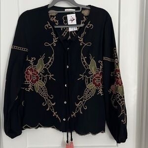 Black Graphic Long Sleeve Blouse with Mandarin Collar